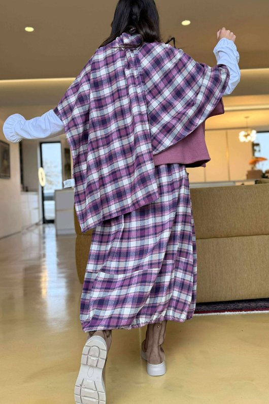 Roberta Plaid Brushed Cotton Drape Cape Aubergine